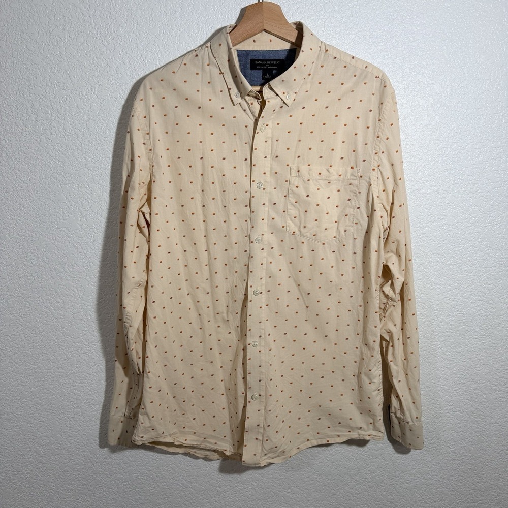 Banana Republic Slim Fit Button Down Shirt Men's  Beige Print Stretch Soft Large